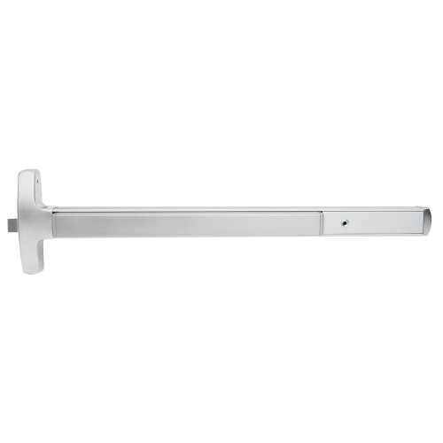 Falcon MELRXF-24-R-L-D 4 32 LHR Grade 1 Rim Exit Bar Narrow Stile Pushpad 4' Door Width Classroom Function Dane Lever with Escutcheon Electric Latch Retraction Request to Exit Switch Hex Key Dogging Bright Stainless Steel Finish Left Hand Reverse