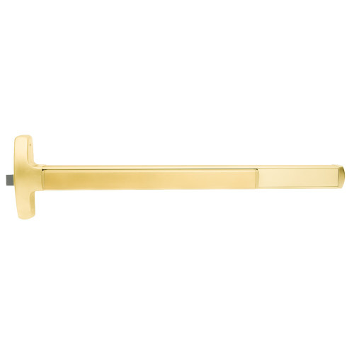 Falcon MELRXF-24-R-L-DT-D 3 US3 RHR Grade 1 Rim Exit Bar Narrow Stile Pushpad 3' Door Width Dummy Function Dane Lever with Escutcheon Electric Latch Retraction Request to Exit Switch Hex Key Dogging Bright Brass Finish Right Hand Reverse