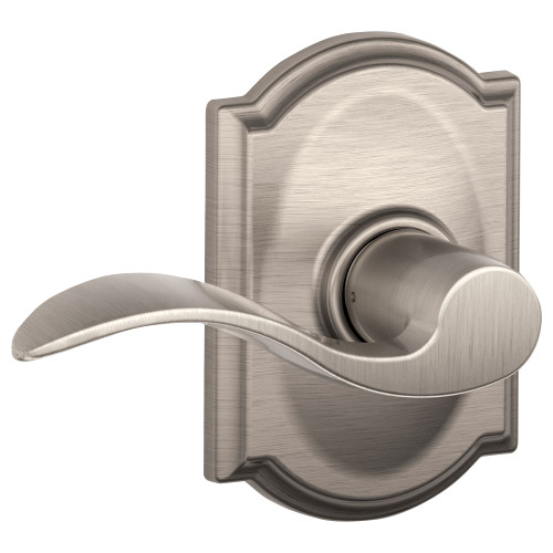 Schlage Residential F10 ACC 619 CAM Grade 2 Passage Latch Accent Lever Camelot Rose Satin Nickel Finish