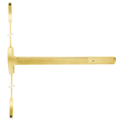 Falcon MEL-24-V-L-DT-Q 4 US3 LHR Grade 1 Surface Vertical Rod Exit Bar Narrow Stile Pushpad 4' Door Width 84 Door Height Dummy Function Quantum Lever with Escutcheon Electric Latch Retraction Hex Key Dogging Bright Brass Finish Left Hand Reverse