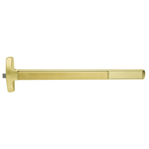 Falcon MEL-F-24-R-L-BE-Q 3 US4 LHR Grade 1 Rim Exit Bar Narrow Stile Pushpad Fire-Rated Device 3' Door Width Passage Function Quantum Lever with Escutcheon Electric Latch Retraction Satin Brass Finish Left Hand Reverse