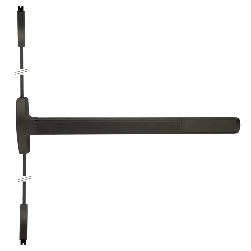 Falcon MEL-24-V-L-BE-S 4 643E RHR Grade 1 Surface Vertical Rod Exit Bar Narrow Stile Pushpad 4' Door Width 84 Door Height Passage Function Sutro Lever with Escutcheon Electric Latch Retraction Hex Key Dogging Aged Bronze Finish Right Hand Reverse MEL-24-V-L-BE-S 4 643E RHR