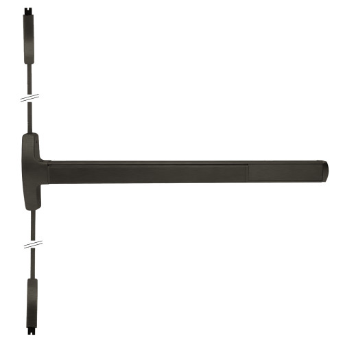 Falcon MEL-24-V-L-NL-S 3 643E RHR Grade 1 Surface Vertical Rod Exit Bar Narrow Stile Pushpad 3' Door Width 84 Door Height Night Latch Function Sutro Lever with Escutcheon Electric Latch Retraction Hex Key Dogging Aged Bronze Finish Right Hand Reverse