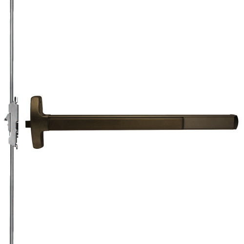 Falcon MEL-24-C-L-DT-Q 4 643E RHR Grade 1 Concealed Vertical Rod Exit Bar Narrow Stile Pushpad 4' Door Width 84 Door Height Dummy Function Quantum Lever with Escutcheon Electric Latch Retraction Hex Key Dogging Aged Bronze Finish Right Hand Reverse