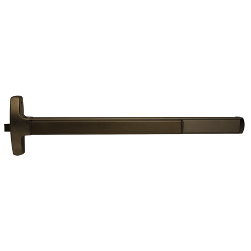 Falcon MEL-24-R-L-NL-S 4 643E LHR Grade 1 Rim Exit Bar Narrow Stile Pushpad 4' Door Width Night Latch Function Sutro Lever with Escutcheon Electric Latch Retraction Hex Key Dogging Aged Bronze Finish Left Hand Reverse