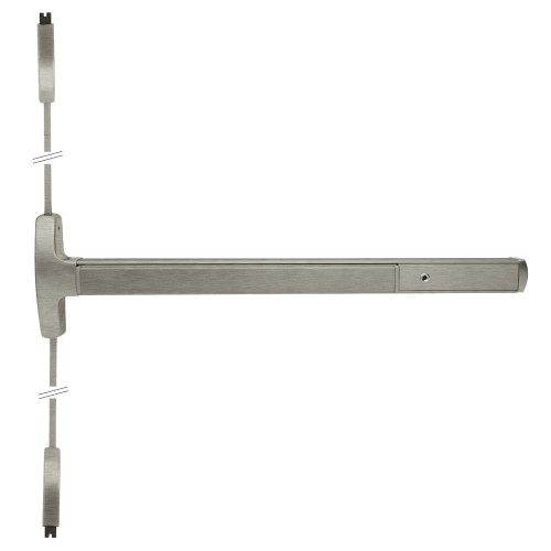 Falcon MELRX24-V-EO 3 32D Grade 1 Surface Vertical Rod Exit Bar Narrow Stile Pushpad 3' Door Width 84 Door Height Exit Only Electric Latch Retraction Request to Exit Switch Hex Key Dogging Satin Stainless Steel Finish 