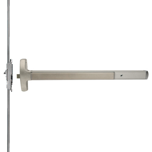 Falcon MEL-24-C-NL 4 32D LHR Grade 1 Concealed Vertical Rod Exit Bar Narrow Stile Pushpad 4' Door Width 84 Door Height Night Latch Function Tubular Pull Electric Latch Retraction Hex Key Dogging Satin Stainless Steel Finish Left Hand Reverse