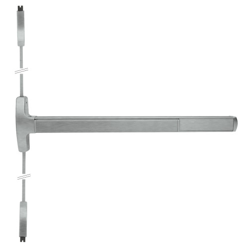 Falcon MEL-24-V-NL-OP 4 15 Grade 1 Surface Vertical Rod Exit Bar Narrow Stile Pushpad 4' Door Width 84 Door Height Night Latch Function Electric Latch Retraction Hex Key Dogging Satin Nickel Plated Finish 