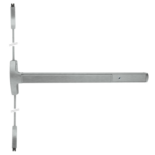 Falcon MEL-24-V-L-BE-D 4 15 LHR Grade 1 Surface Vertical Rod Exit Bar Narrow Stile Pushpad 4' Door Width 84 Door Height Passage Function Dane Lever with Escutcheon Electric Latch Retraction Hex Key Dogging Satin Nickel Plated Finish Left Hand Reverse
