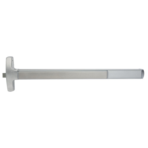 Falcon MEL-F-24-R-L-Q 4 15 RHR Grade 1 Rim Exit Bar Narrow Stile Pushpad Fire-Rated Device 4' Door Width Classroom Function Quantum Lever with Escutcheon Electric Latch Retraction Satin Nickel Plated Finish Right Hand Reverse