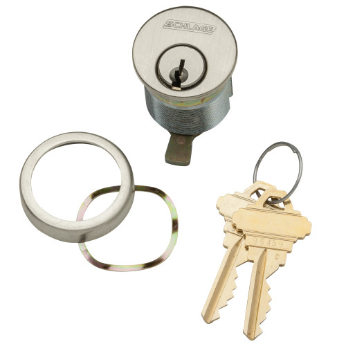 Schlage 20-001 C145 138 619 1-3/8 In Mortise Cylinder 6-pin C145 Keyway Keyed Different Straight Cam Compression Ring & Spring 2 Keys Satin Nickel Plated Clear Coated Finish Non-handed