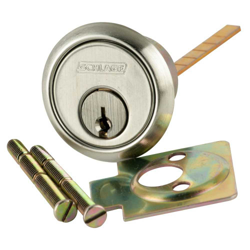 Schlage 20-022 C 619 Rim Cylinder 6-pin C Keyway Keyed Different Horizontal Tailpiece Cam 2 Keys Satin Nickel Plated Clear Coated Finish Non-handed 20-022 C 619
