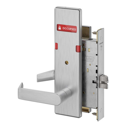 Schlage L9040 06N 626 OS-OCC Grade 1 Bed Bathroom Privacy Mortise Lock 06 Lever N Escutcheon Indicator displays with Text Exterior Indicator displays Vacant/Occupied Satin Chrome Finish Field Reversible L9040 06N 626 OS-OCC