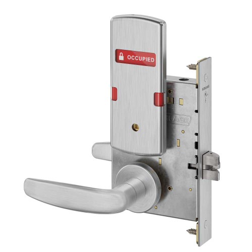 Schlage L9040 07A 626 OS-OCC Grade 1 Bed Bathroom Privacy Mortise Lock 07 Lever A Rose Indicator displays with Text Exterior Indicator displays Vacant/Occupied Satin Chrome Finish Field Reversible L9040 07A 626 OS-OCC