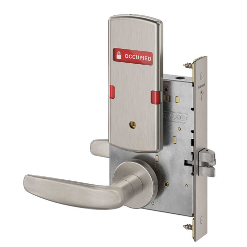Schlage L9040 07A 630 OS-OCC Grade 1 Bed Bathroom Privacy Mortise Lock 07 Lever A Rose Indicator displays with Text Exterior Indicator displays Vacant/Occupied Satin Stainless Steel Finish Field Reversible L9040 07A 630 OS-OCC