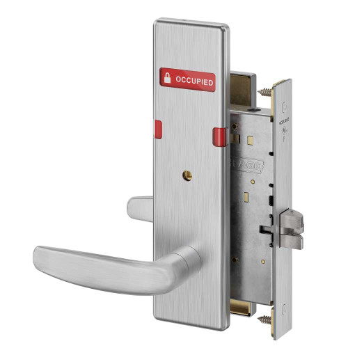 Schlage L9040 07N 626 OS-OCC Grade 1 Bed Bathroom Privacy Mortise Lock 07 Lever N Escutcheon Indicator displays with Text Exterior Indicator displays Vacant/Occupied Satin Chrome Finish Field Reversible L9040 07N 626 OS-OCC