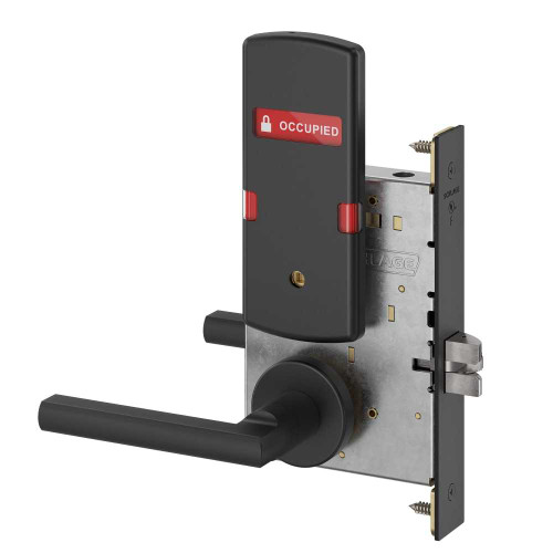Schlage L9040 LATA 622 L283-722 Grade 1 Bed Bathroom Privacy Mortise Lock Latitude Lever A Rose Indicator displays with Text Exterior Indicator displays Vacant/Occupied Flat Black Coated Finish Field Reversible L9040 LATA 622 L283-722