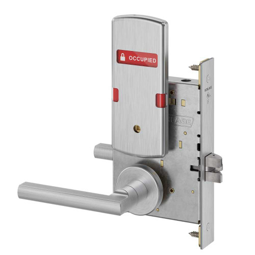 Schlage L9040 LATA 626 L283-722 Grade 1 Bed Bathroom Privacy Mortise Lock Latitude Lever A Rose Indicator displays with Text Exterior Indicator displays Vacant/Occupied Satin Chrome Finish Field Reversible L9040 LATA 626 L283-722