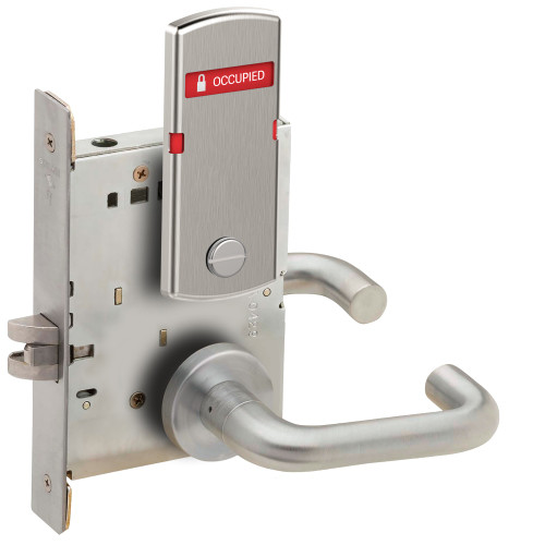 Schlage L9044 03A 630 OS-OCC Grade 1 Privacy with Coin Turn Mortise Lock 03 Lever A Rose Exterior Indicator Displays Vacant/Occupied Satin Stainless Steel Finish Field Reversible
