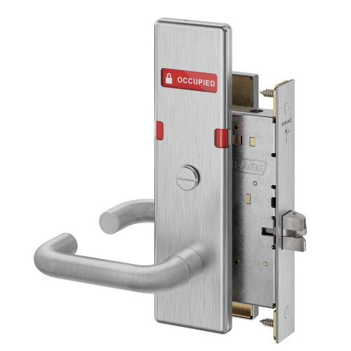 Schlage L9044 03N 626 OS-OCC Grade 1 Privacy with Coin Turn Mortise Lock 03 Lever N Escutcheon Exterior Indicator Displays Vacant/Occupied Satin Chrome Finish Field Reversible L9044 03N 626 OS-OCC