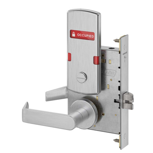 Schlage L9044 06A 626 L283-722 Grade 1 Privacy with Coin Turn Mortise Lock 06 Lever A Rose Exterior Indicator Displays Vacant/Occupied Satin Chrome Finish Field Reversible L9044 06A 626 L283-722