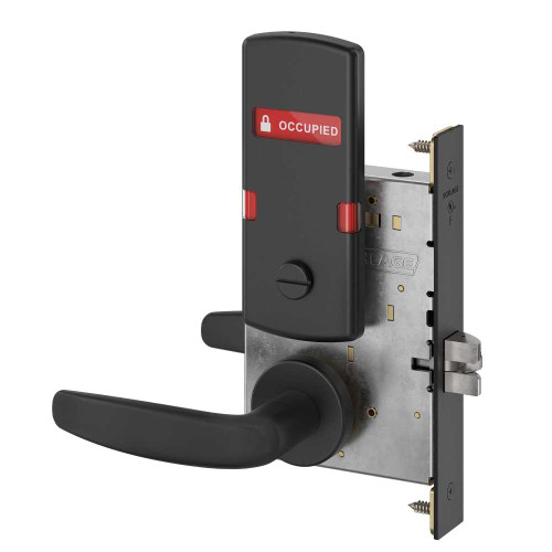 Schlage L9044 07A 622 OS-OCC Grade 1 Privacy with Coin Turn Mortise Lock 07 Lever A Rose Exterior Indicator Displays Vacant/Occupied Flat Black Coated Finish Field Reversible L9044 07A 622 OS-OCC