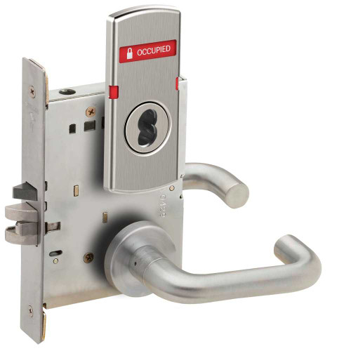 Schlage L9050B 03A 626 OS-OCC Grade 1 Entrance Office Mortise Lock SFIC Prep Less Core 03 Lever A Rose Indicator with Text Exterior Indicator VACANT/OCCUPIED Satin Chrome Finish Field Reversible L9050B 03A 626 OS-OCC