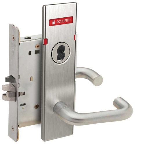 Schlage L9050B 03N 626 L283-722 Grade 1 Entrance Office Mortise Lock SFIC Prep Less Core 03 Lever N Escutcheon Indicator with Text Exterior Indicator VACANT/OCCUPIED Satin Chrome Finish Field Reversible L9050B 03N 626 L283-722
