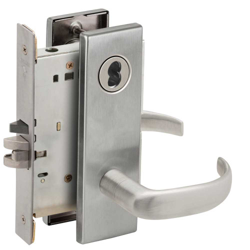 Schlage L9050B 17N 626 IS-LOC Grade 1 Entrance Office Mortise Lock SFIC Prep Less Core 17 Lever N Escutcheon Indicator with Text Interior Indicator LOCK/UNLOCKED Satin Chrome Finish Field Reversible L9050B 17N 626 IS-LOC