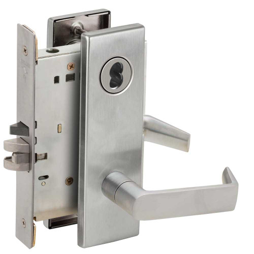 Schlage L9050J 06N 626 IS-LOC Grade 1 Entrance Office Mortise Lock Schlage FSIC Less Core 06 Lever N Escutcheon Indicator with Text Interior Indicator LOCK/UNLOCKED Satin Chrome Finish Field Reversible L9050J 06N 626 IS-LOC