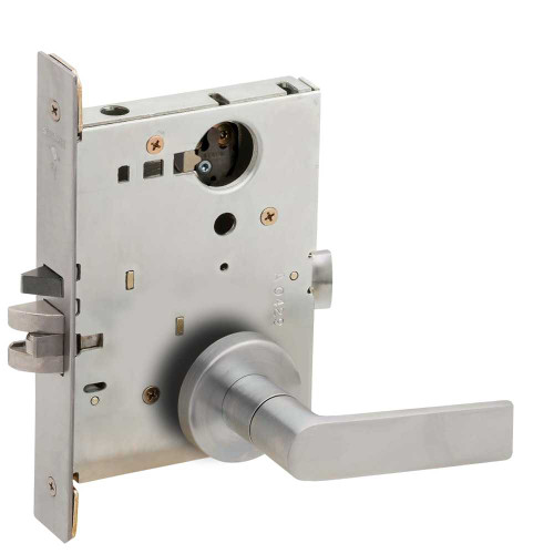 Schlage L9050L 01A 626 Grade 1 Entrance Office Mortise Lock Less Cylinder 01 Lever A Rose Satin Chrome Finish Field Reversible L9050L 01A 626
