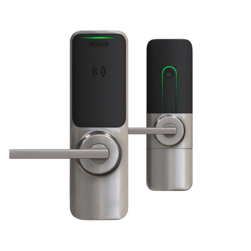 Schlage Electronics XE360M OFBSM LAT 619 Grade 1 Wireless Mortise Lock Smart Bluetooth and NFC Mobile Reader Interior Pushbutton LED with Indicator Latitude Lever Satin Nickel Finish Field Reversible XE360M OFBSM LAT 619