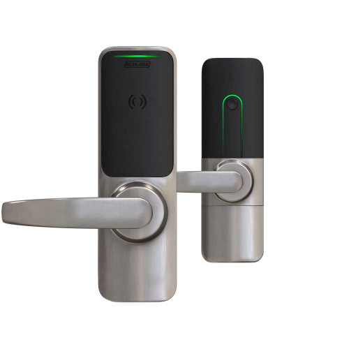 Schlage Electronics XE360M OFBSM NEP 619 Grade 1 Wireless Mortise Lock Smart Bluetooth and NFC Mobile Reader Interior Pushbutton LED with Indicator Neptune Lever Satin Nickel Finish Field Reversible XE360M OFBSM NEP 619