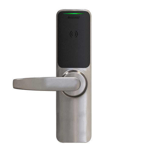 Schlage Electronics XE360EW25S OFBSM NEP 619 Grade 1 Wireless Exit Trim Smart Bluetooth and NFC Mobile Reader Interior Pushbutton LED with Indicator Falcon 25 SVR Neptune Lever Satin Nickel Finish Field Reversible XE360EW25S OFBSM NEP 619