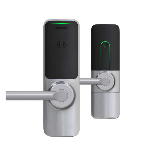 Schlage Electronics XE360M OFBSM BRW 626 Grade 1 Wireless Mortise Lock Smart Bluetooth and NFC Mobile Reader Interior Pushbutton LED with Indicator Broadway Lever Satin Chrome Finish Field Reversible XE360M OFBSM BRW 626