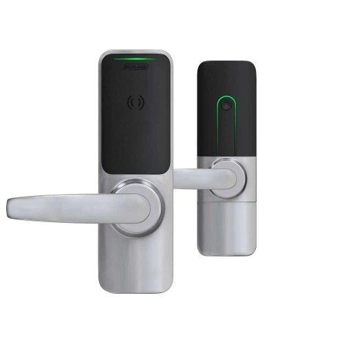 Schlage Electronics XE360M OFBSM NEP 626 Grade 1 Wireless Mortise Lock Smart Bluetooth and NFC Mobile Reader Interior Pushbutton LED with Indicator Neptune Lever Satin Chrome Finish Field Reversible XE360M OFBSM NEP 626
