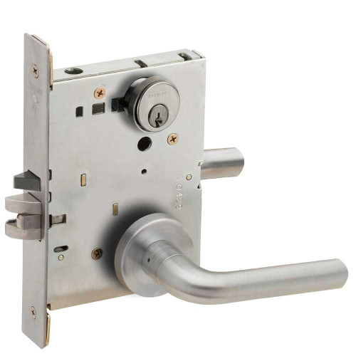 Schlage L9050P 02A 630 Grade 1 Entrance Office Mortise Lock Conventional Cylinder S123 Keyway 02 Lever A Rose Satin Stainless Steel Finish Field Reversible L9050P 02A 630