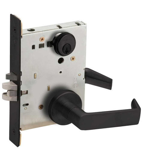 Schlage L9050P 06A 622 Grade 1 Entrance Office Mortise Lock Conventional Cylinder S123 Keyway 06 Lever A Rose Flat Black Coated Finish Field Reversible L9050P 06A 622