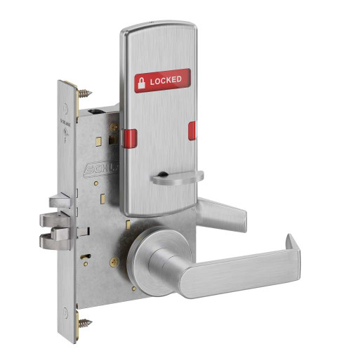 Schlage L9050P 06A 626 IS-LOC Grade 1 Entrance Office Mortise Lock Conventional Cylinder S123 Keyway 06 Lever A Rose Indicator with Text Interior Indicator Locked/Unlocked Satin Chrome Finish Field Reversible L9050P 06A 626 IS-LOC