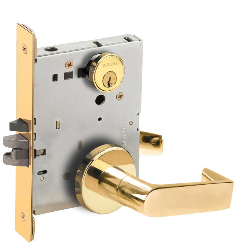 Schlage L9050P 06B 605 Grade 1 Entrance Office Mortise Lock Conventional Cylinder S123 Keyway 06 Lever B Rose Bright Brass Finish Field Reversible L9050P 06B 605