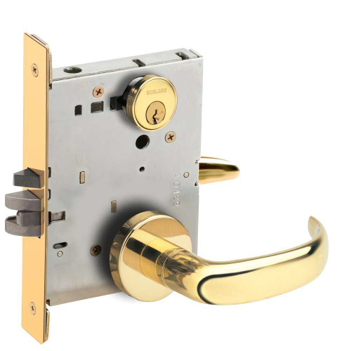 Schlage L9050P 17A 605 Grade 1 Entrance Office Mortise Lock Conventional Cylinder S123 Keyway 17 Lever A Rose Bright Brass Finish Field Reversible L9050P 17A 605