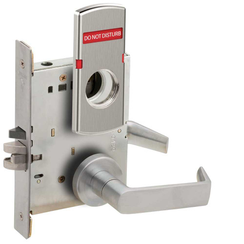 Schlage L9056L 06A 626 OS-DND Grade 1 Entrance Office with Auto Unlocking Mortise Lock Less Cylinder 06 Lever A Rose Indicator with Text Exterior Indicator Do Not Disturb Satin Chrome Finish Field Reversible L9056L 06A 626 OS-DND