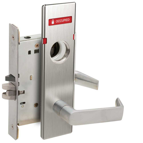 Schlage L9056L 06N 626 OS-OCC Grade 1 Entrance Office with Auto Unlocking Mortise Lock Less Cylinder 06 Lever N Escutcheon Indicator with Text Exterior Indicator Vacant/Occupied Satin Chrome Finish Field Reversible L9056L 06N 626 OS-OCC