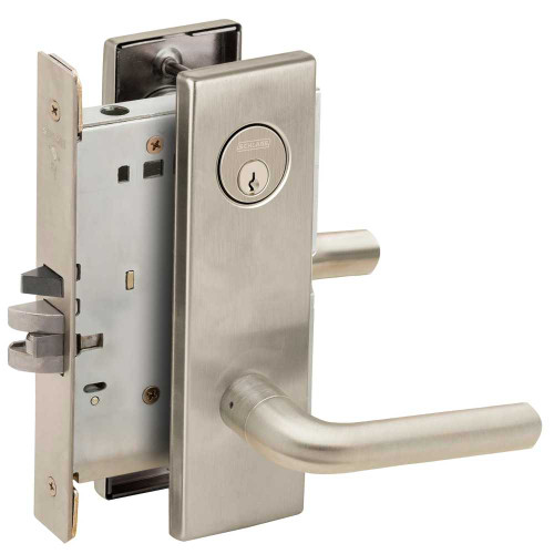 Schlage L9056P 02N 619 Grade 1 Entrance Office with Auto Unlocking Mortise Lock Conventional Cylinder S123 Keyway 02 Lever N Escutcheon Satin Nickel Plated Clear Coated Finish Field Reversible L9056P 02N 619