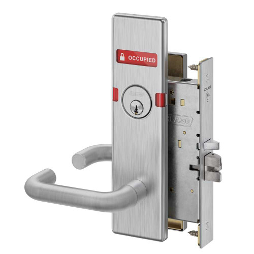 Schlage L9056P 03N 626 OS-OCC Grade 1 Entrance Office with Auto Unlocking Mortise Lock Conventional Cylinder S123 Keyway 03 Lever N Escutcheon Indicator with Text Exterior Indicator Vacant/Occupied Satin Chrome Finish Field Reversible L9056P 03N 626 OS-OCC