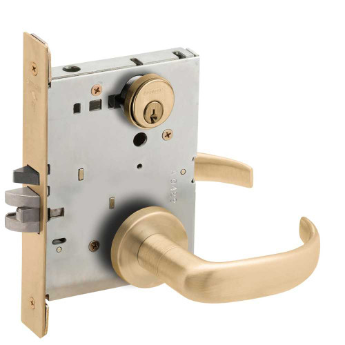 Schlage L9056P 17A 606 Grade 1 Entrance Office with Auto Unlocking Mortise Lock Conventional Cylinder S123 Keyway 17 Lever A Rose Satin Brass Finish Field Reversible L9056P 17A 606