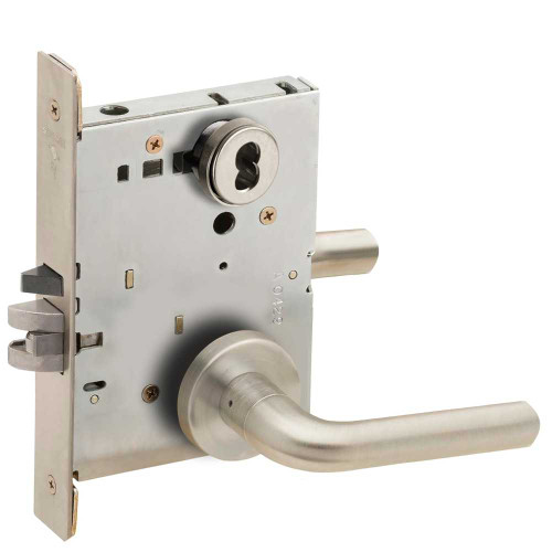 Schlage L9070J 02A 619 Grade 1 Classroom Mortise Lock Schlage FSIC Less Core 02 Lever A Rose Satin Nickel Plated Clear Coated Finish Field Reversible L9070J 02A 619