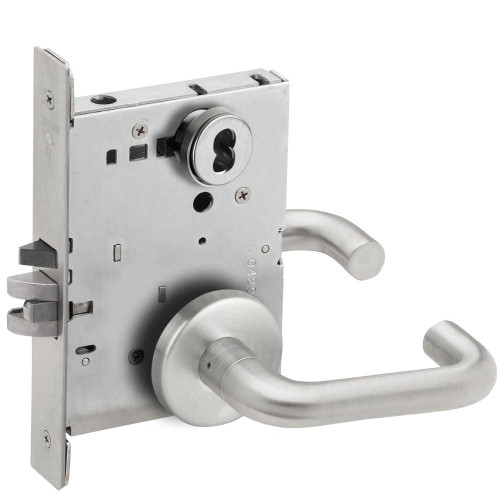 Schlage L9070J 03B 626 Grade 1 Classroom Mortise Lock Schlage FSIC Less Core 03 Lever B Rose Satin Chrome Finish Field Reversible L9070J 03B 626