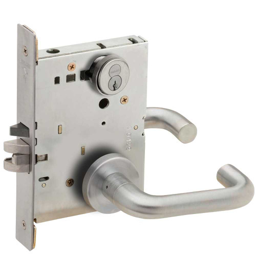 Schlage L9070R 03A 630 Grade 1 Classroom Mortise Lock Schlage FSIC With Core S123 Keyway 03 Lever A Rose Satin Stainless Steel Finish Field Reversible L9070R 03A 630