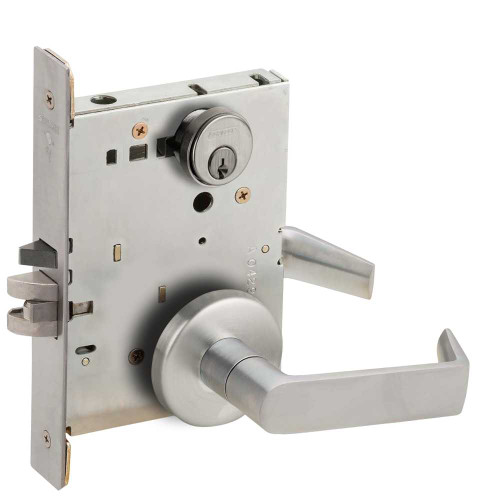 Schlage L9076P 06B 626 Grade 1 Classroom Holdback Mortise Lock Conventional Cylinder S123 Keyway 06 Lever B Rose Satin Chrome Finish Field Reversible L9076P 06B 626